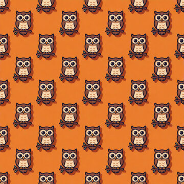Cute owl seamless pattern on orange background