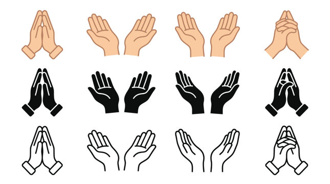 Set of hand gestures icons, praying hands, open palms, and folded hands, vector illustration