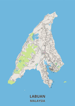 Detailed geographical road map of the island of Labuan in Malaysia, showcasing its triangular coastline, Victoria harbor, street networks, airport runway, inland reservoirs