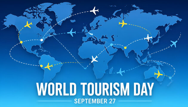 World Tourism Day flat banner with world map and flight routes vector