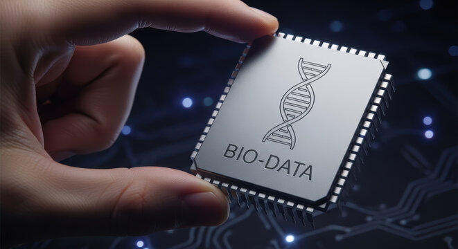 Bio data chip held by hand for biohacking longevity research in dark blue science concept