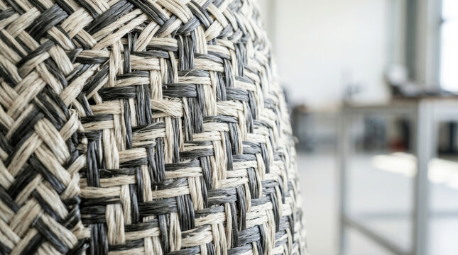 Woven basket texture supports sustainable energy drivetrain research with natural fiber detail and modern laboratory setting