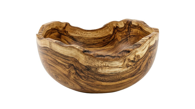 Handcrafted Wooden Bowl: A rustic, handcrafted wooden bowl with unique grain patterns and an organic edge, showcasing natural texture and artisanal craftsmanship.