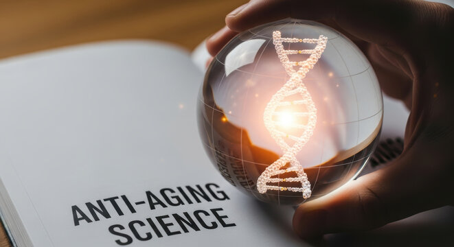 Biohacking longevity research dna science hand holding glass sphere anti aging study genetics cell gene therapy aging health medicine laboratory