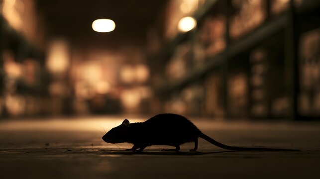 Rat Walking Through Dark Warehouse Aisle at Night, Rodent Pest Infestation in Industrial Storage Facility, Food Safety Risk, Hygiene Problem, Pest Control and Sanitation Concept
