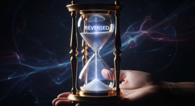 Biohacking longevity research hourglass in hand with reversed time concept and glowing abstract background