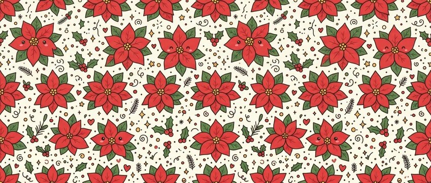 Seamless pattern with hand drawn poinsettia flowers and festive elements for winter holidays