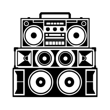 Retro black and white vector illustration of a stacked vintage boombox and large stereo speakers for music themes