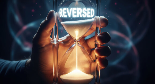 Reversed hourglass hand biohacking longevity research glowing sand dark background health science time concept future medicine human hand symbolic