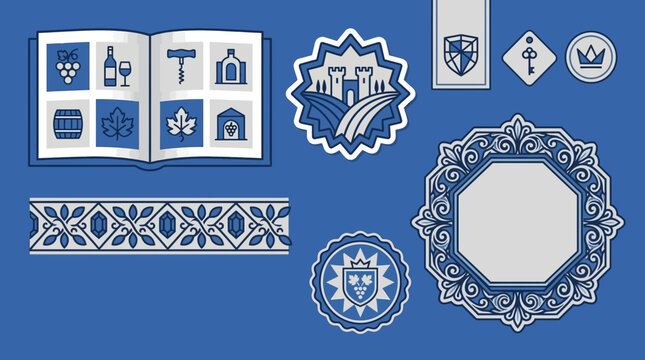 Wine Icon Set: Book, Crests, Border, Emblem, Frame, Isolated Elements