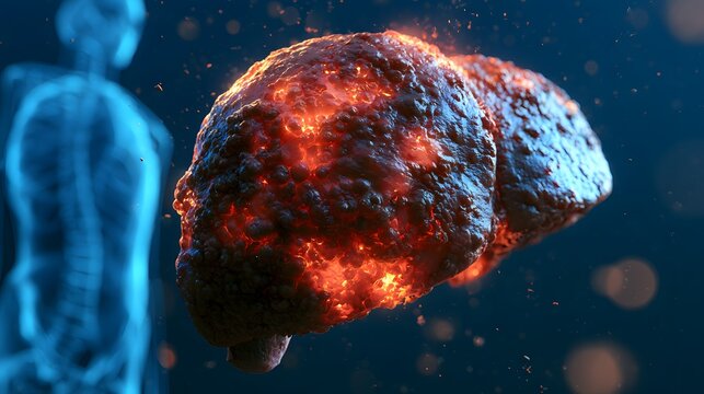 Diseased Human Liver with Severe Inflammation and Tissue Damage, Medical Illustration of Liver Disease, Hepatitis, Cirrhosis, Organ Failure, Healthcare, Diagnosis and Internal Medicine Concept