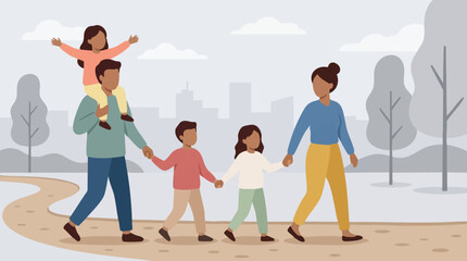 Naklejka premium Happy family walking together in a park, urban background illustration