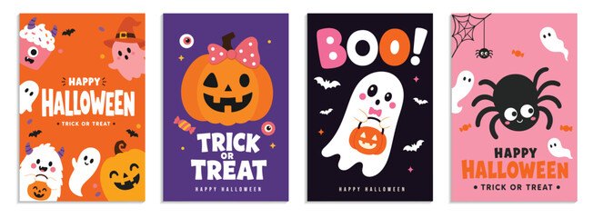 Fototapeta premium Cute Halloween Greeting Card and Poster Templates Set with Cartoon Ghost, Pumpkin, Spider, and Monster Vector Illustration
