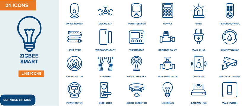 Zigbee smart home line set featuring automation and security devices in dark blue