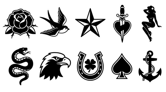 Old school traditional tattoo flash icons set black and white minimalist silhouettes