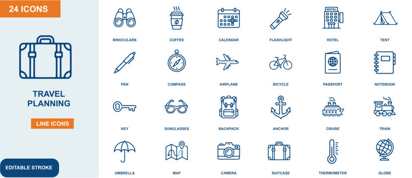 Collection of twenty four travel planning line featuring various essential trip