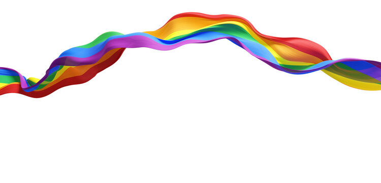 Pride rainbow flag ribbon sheer fabric on transparent background with copy space 3D render