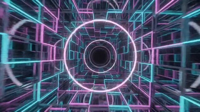 High energy geometric wireframe tunnel flying forward motion background, seamless neon loop VJ