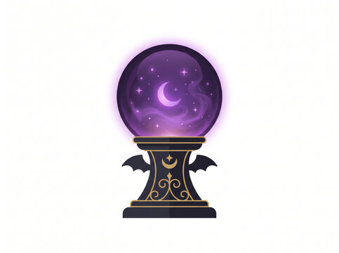 Magical Purple Crystal Ball with Moon and Stars on Gothic Bat Wing Pedestal