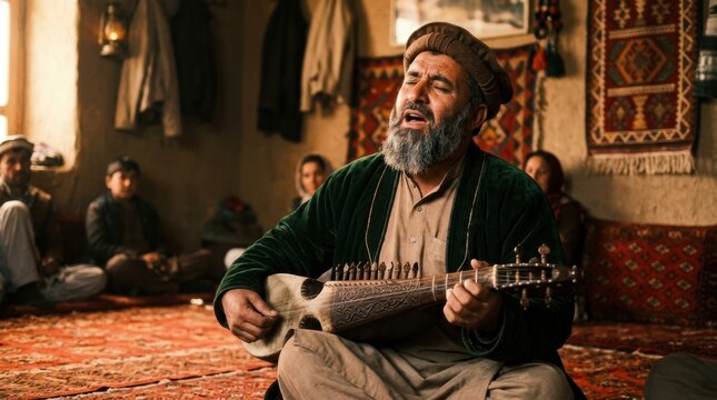 A musician singing a traditional Afghan song, the musician's face expressive, the rubab in hand. The background shows a traditional Afghan setting. The light is warm, the scene is soulful.