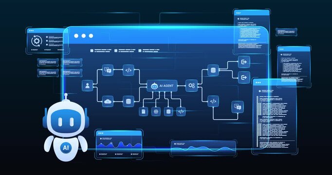 Futuristic AI agent automation workflow network diagram dashboard system data processing with automation pipelines, analytics dashboards, coding and automation system, looped animation