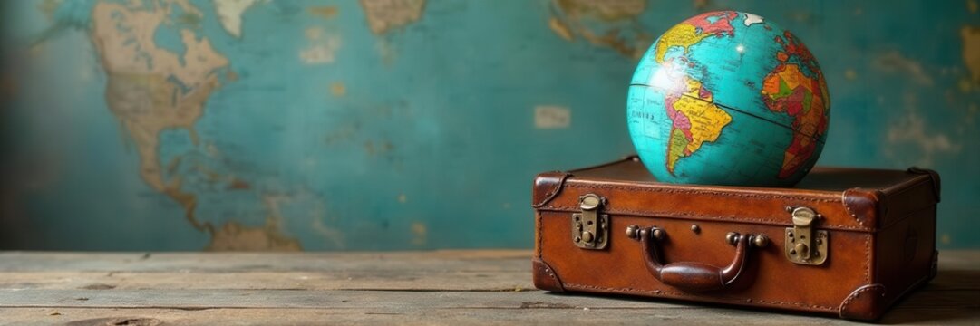 Vintage suitcase, globe, maps on weathered wood, background, aged