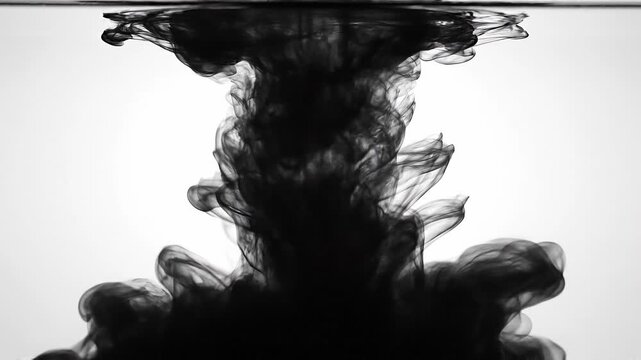Black ink swirling and spreading in clear water creating abstract fluid shapes and patterns on white background
