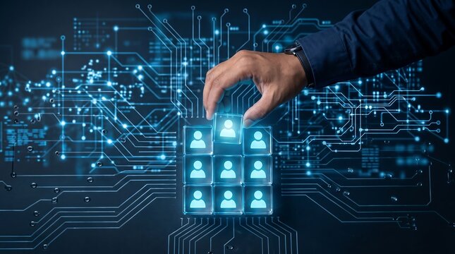 Manager placing glowing person icon on top of glass cube pyramid for team leadership and human resource management strategy in digital technology office environment