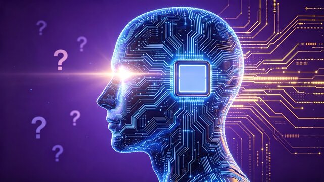 Human Head Profile with AI Chip in Brain and Question Marks