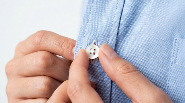 Hands fastening a white button on a light blue oxford shirt