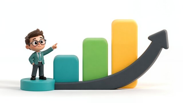 Cute 3D business analyst with abstract growth shapes