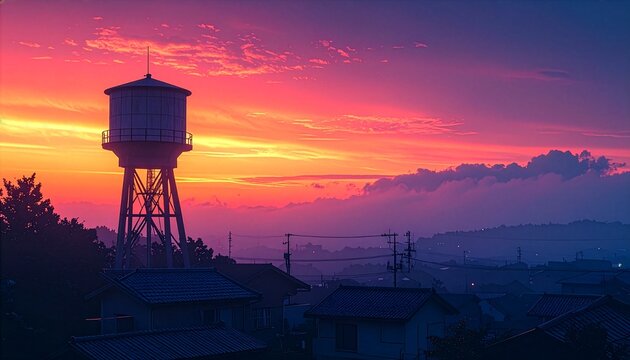 団地の給水塔と茜色の夕暮れ