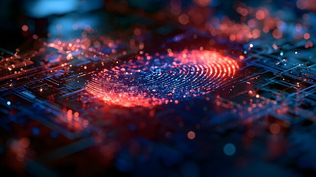 Digital Fingerprint Authentication on Futuristic Circuit Board, Biometric Cybersecurity, Identity Verification, Secure Access, Data Protection, Encryption and Advanced Technology Concept