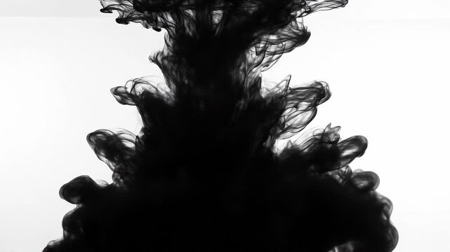 Abstract black ink swirling in water with white background artistic smoke effect