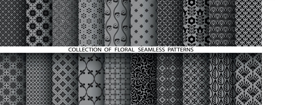 Geometric floral set of seamless patterns. Gray and black vector backgrounds. Damask graphic ornaments