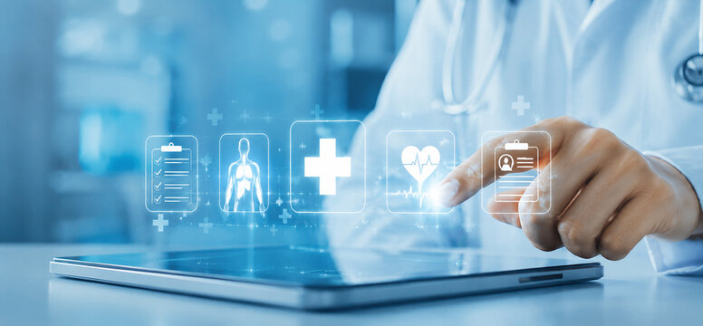 AI generated doctor using tablet holographic medical icons patient records anatomy heartbeat data representing digital healthcare diagnosis monitoring modern medical technology