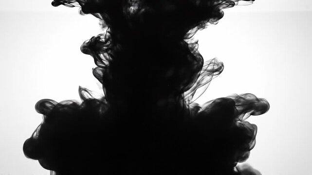 Black ink swirling in water with smoky abstract shapes on white background