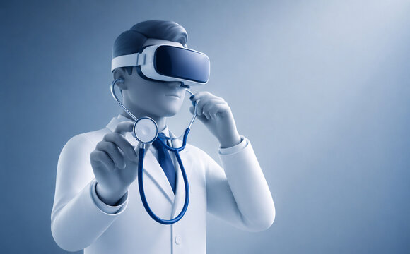 AI generated doctor wearing virtual reality headset stethoscope representing digital healthcare medical simulation telemedicine training immersive technology