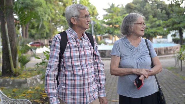Senior couple talking in a park while trying to find their way around the city