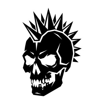 Aggressive punk skull logo with spiked mohawk hairstyle design symbol