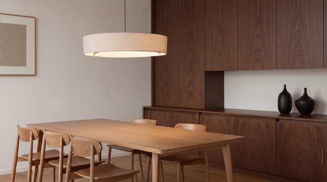 Minimalist modern dining room interior with wooden table chairs dark wood cabinets and large pendant light