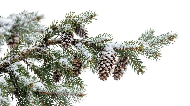 Realistic Fir Tree Branch Vector with Pinecones and Snow - Isolated Winter Element