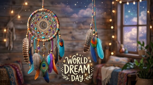 Bohemian dreamcatcher with colorful feathers and beads hanging in warm rustic room, symbolizing creativity, peace, and inspiration in a magical dreamy atmosphere