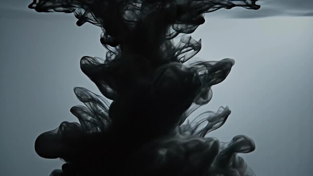 Dark ink swirling in water creating abstract smoke-like shapes with soft blue background