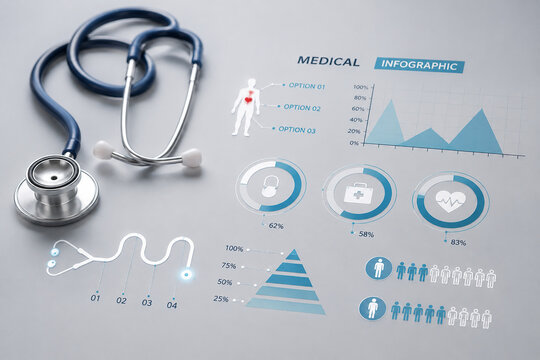 AI generated medical infographic stethoscope charts patient icons health statistics clinical data representing healthcare monitoring diagnosis analysis patient care