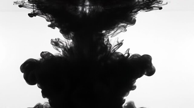 Abstract black ink swirling in water with white background artistic fluid motion and smoke effect