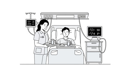 Fototapeta premium Nurse serving meal to patient in hospital bed with medical equipment