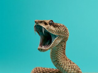 Naklejka premium Aggressive Brown Viper Snake with Open Mouth on Turquoise Background