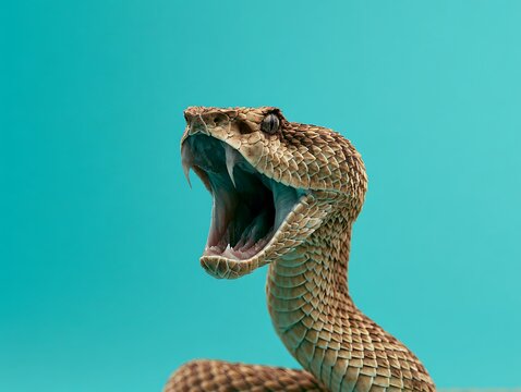Aggressive Brown Viper Snake with Open Mouth on Turquoise Background