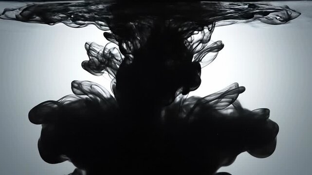 Black ink swirling in water creating abstract smoke patterns with soft light background